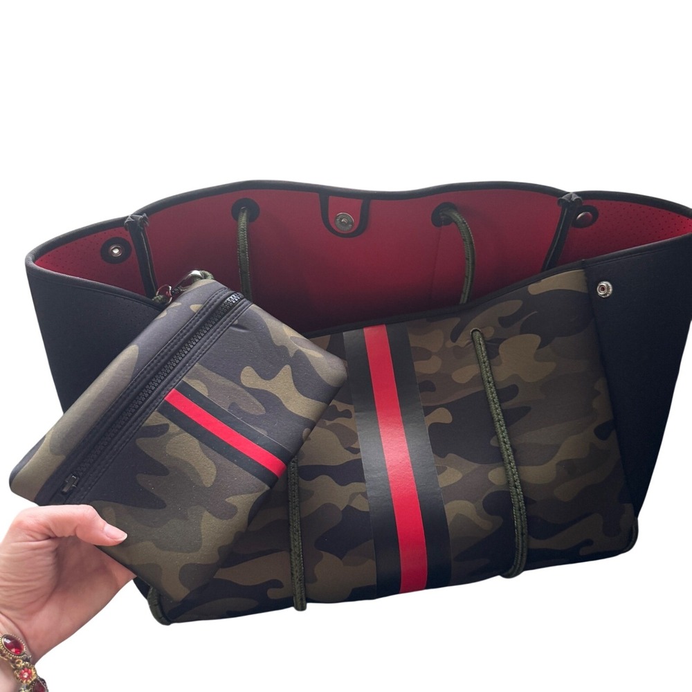 Haute Shore Greyson Neoprene Camoflauge Tote Red Stripe Matching Wristlet